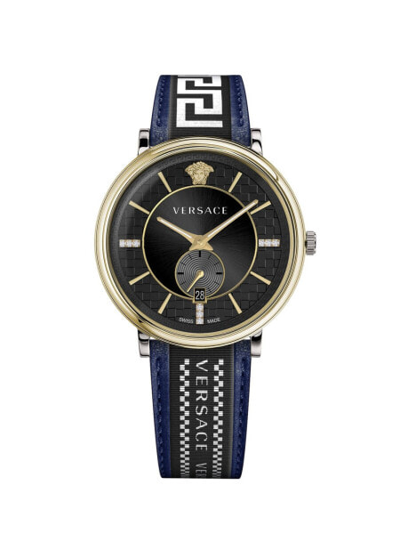 Versace Herren Armbanduhr V-circle 42 mm Multifunktionszifferblatt mit Datumsfenster Armband Leder, Stoff VEBQ02019
