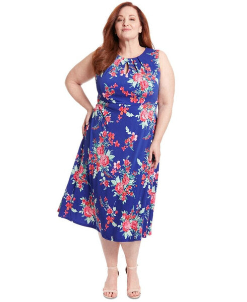 Plus Size Floral-Print Keyhole Sleeveless A-Line Dress