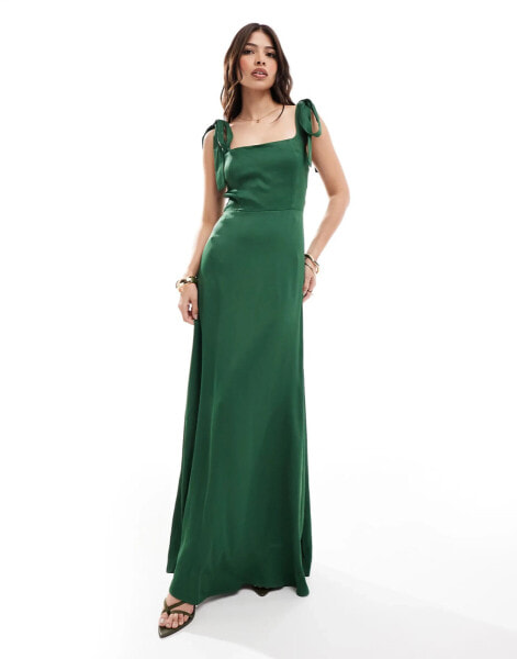 Maids to Measure Bridesmaid tie shoulder maxi dress in emerald