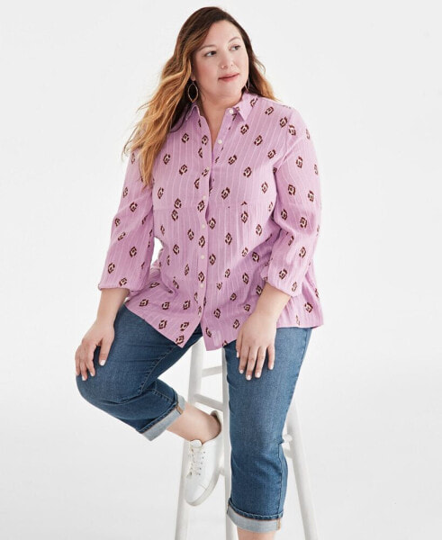Plus Size Ikat Icon Tiered Long-Sleeve Shirt, Created for Macy's