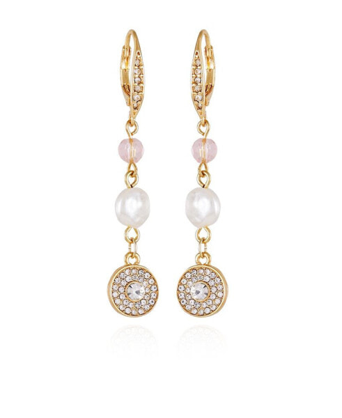 Gold-Tone Lilac Violet Glass Stone and Imitation Pearl Drop Earrings