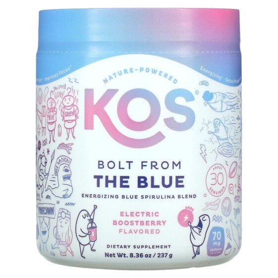 Энергетик активизирующий Kos Bolt From The Blue, энергизирующий смесь синей спирулины Electric Boostberry, 7.8 унций (221 г)