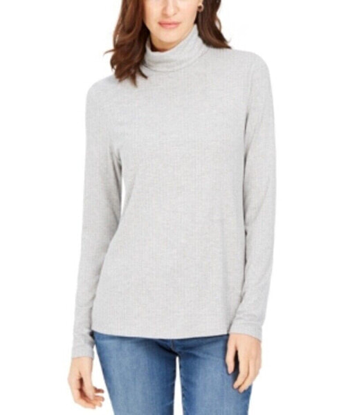 Charter Club Women's Heathered Ribbed Turtleneck Knit Top Silver Tin L