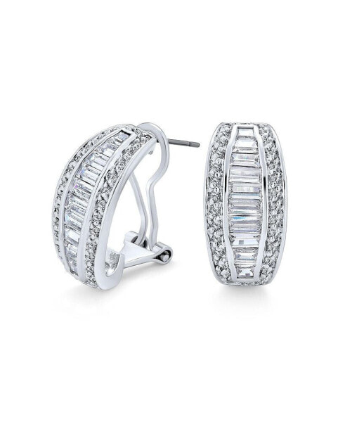 Bridal Statement AAA CZ Baguette Half Hoop Earrings Wedding Prom Holiday Party For Pierced Ear Stabilizing Omega Clip Back Rhodium Plated Brass
