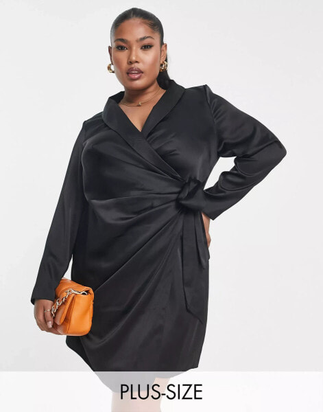 New Look Curve satin wrap dress in black