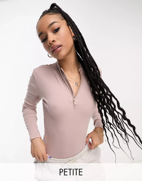 Threadbare Petite ribbed high neck half zip long sleeve bodysuit in taupe