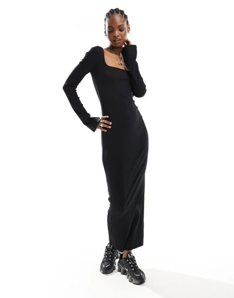 COLLUSION square neck rib maxi dress in black