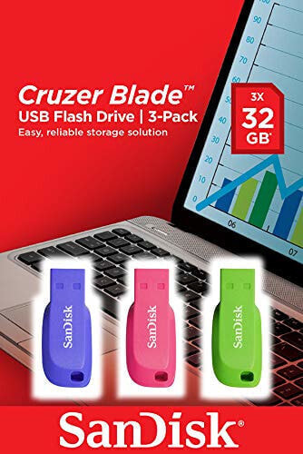 SanDisk Cruzer Blade 3x 32GB - 32 GB - USB Type-A - 2.0 - Capless - Blue - Green - Pink