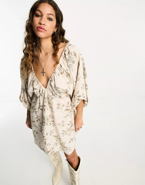 Free People floral print balloon sleeve boho mini dress in cream