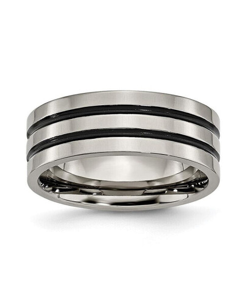 Titanium Polished Black Enamel Grooved Flat Wedding Band Ring