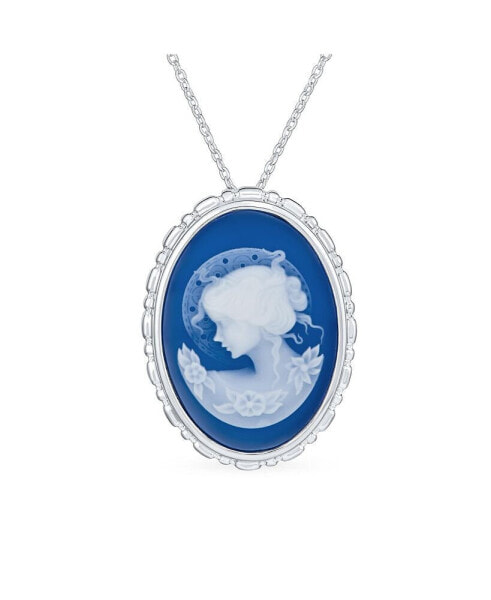Bling Jewelry classic Antique Blue White Carved Oval Framed Victorian Lady Portrait Cameo Pendant & Brooch Necklace For Women .925 Sterling Silver