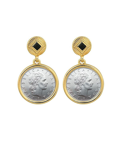 17097 Italian 50 Lire Coin Goldtone Art Decor Earrings with Black Stone, Gold