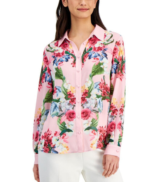 Women's Collared Long-Sleeve Button-Down Floral Top