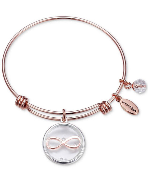 Infinity Glass Shaker Charm Adjustable Bangle Bracelet in Rose Gold-Tone Stainless Steel with Silver Plated Charms