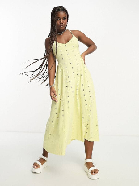 ASOS DESIGN broderie strappy back detail midi dress with seam detail in lemon