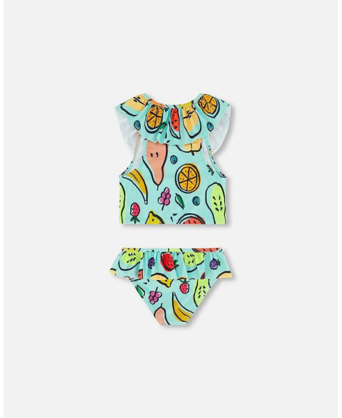 Girl Two Piece Swimsuit Baby Blue Printed Fruits - Toddler Child
