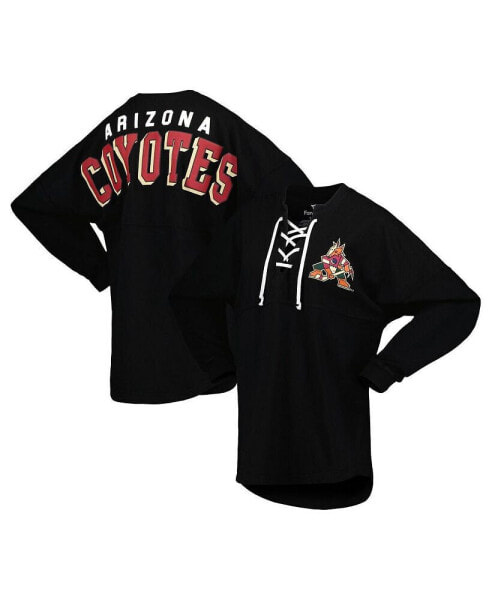 Футболка женская Fanatics Arizona Coyotes Spirit с длинным рукавом и V-образным вырезом, черная, на шнуровке.