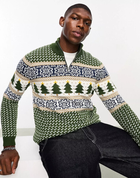 ASOS DESIGN knitted 1/4 zip Christmas jumper in green fairisle pattern