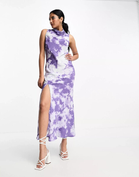 ASOS DESIGN satin sleeveless high neck midi dress with split front in marble print