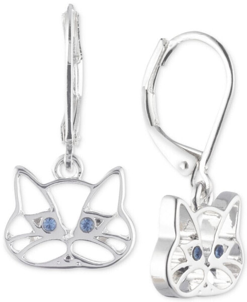 Silver-Tone Blue Crystal Cat Drop Earrings