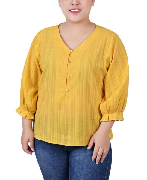 Plus Size 3/4 Sleeve Button Placket Jacquard Blouse