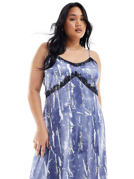 Vero Moda Curve satin maxi slip dress with lace trim in blue crinkle print