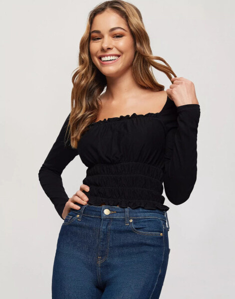 Miss Selfridge shirred square neck blouse in black