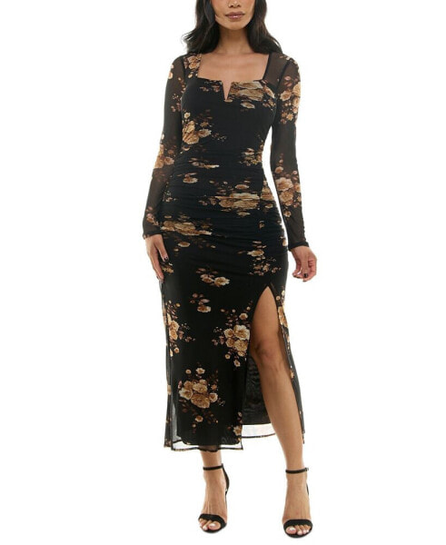 Juniors' Floral-Print Ruched Bodycon Dress