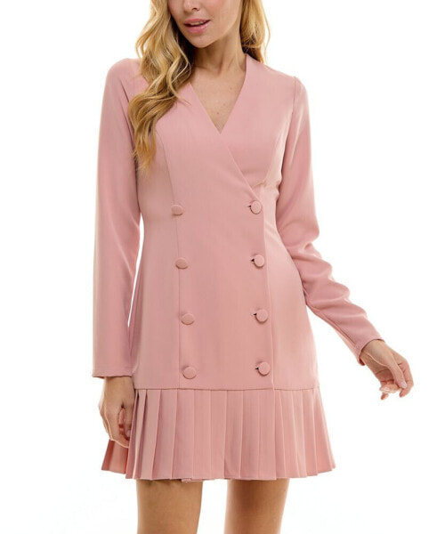 Juniors' V-Neck Pleated-Hem Blazer Dress