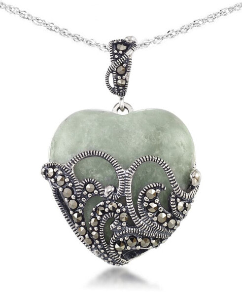 Macy's green Jade (24 x 24mm) & Marcasite Heart Pendant on 18" Chain in Sterling Silver