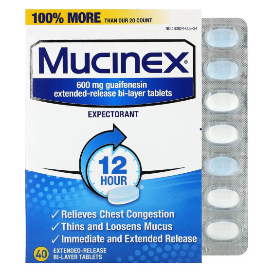 Таблетки увлажняющие Mucinex, 40 шт (Продленного действия, двухслойные)