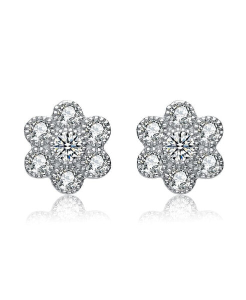 Cubic Zirconia Sterling Silver Flower Shape Stud Style Earrings