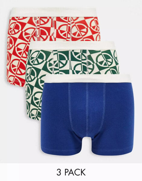 ASOS DESIGN 3 pack jersey trunks in peace print