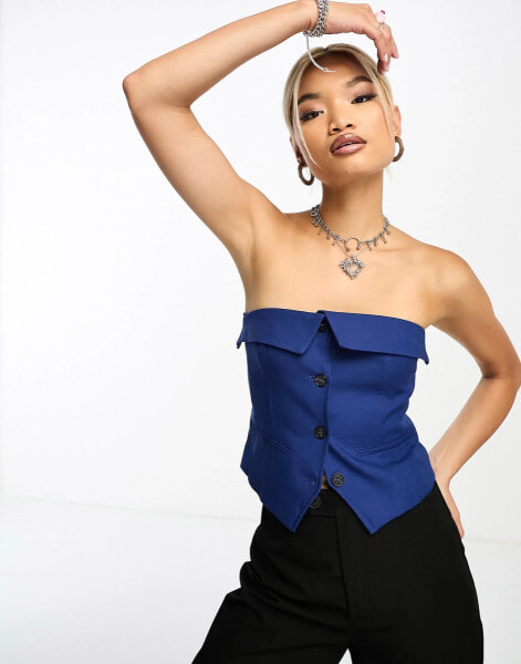 Bershka tailored bandeau corset top co-ord in blue