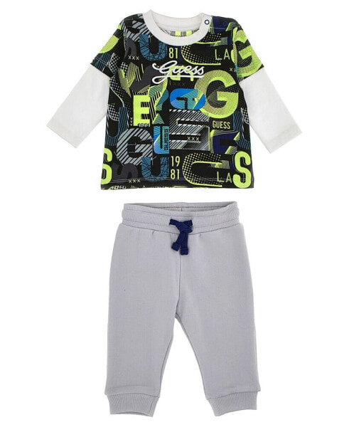 Baby Boys Cotton Jersey All Over Print Faux Twofer Top and French Terry Joggers, 2 Piece Set