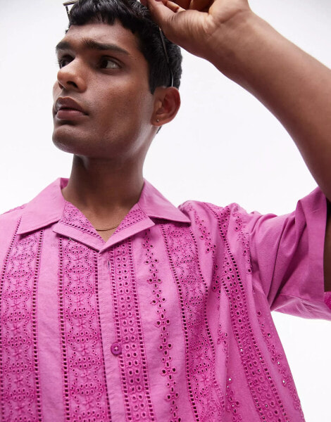 Topman short sleeve broderie holiday shirt in washed pink