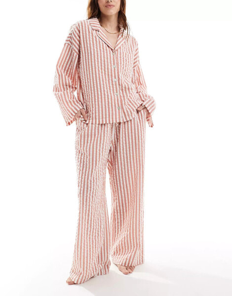 Lindex seersucker pyjama top in coral stripe