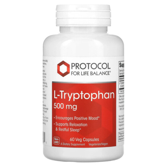 Витамин L-Tryptophan 500 мг, 60 вегетарианских капсул Protocol For Life Balance