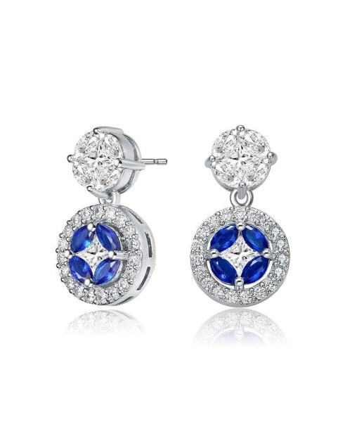Sterling Silver White Gold Plated Blue Marquise with Clear Princess and Round Cubic Zirconia Accent Drop Earrings