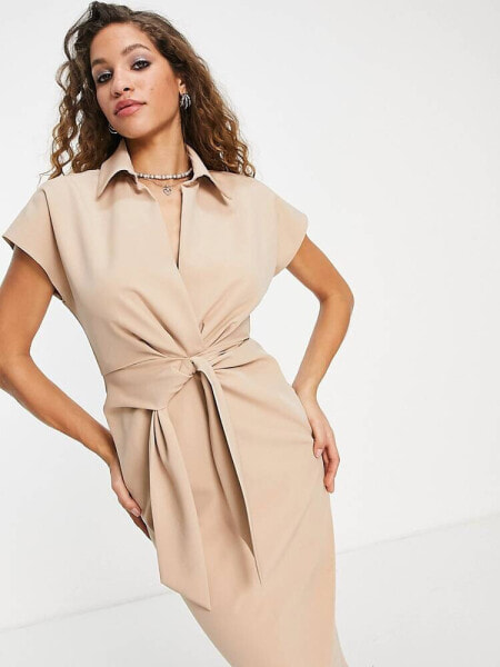 ASOS DESIGN collared wrap front midi dress with knot in stone