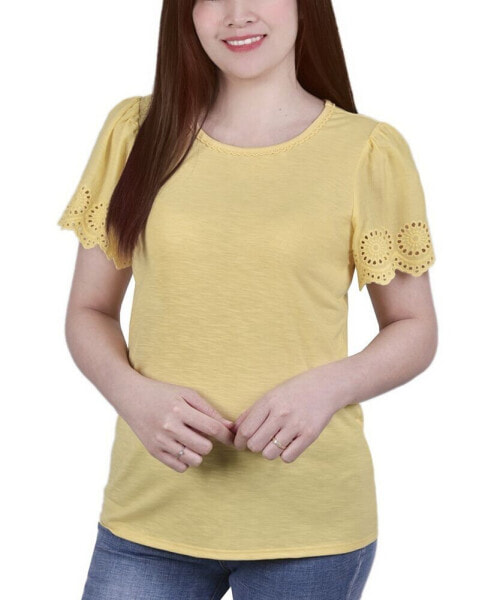 Women's Short Eyelet-Cut-out Sleeve Scoop Neck Top