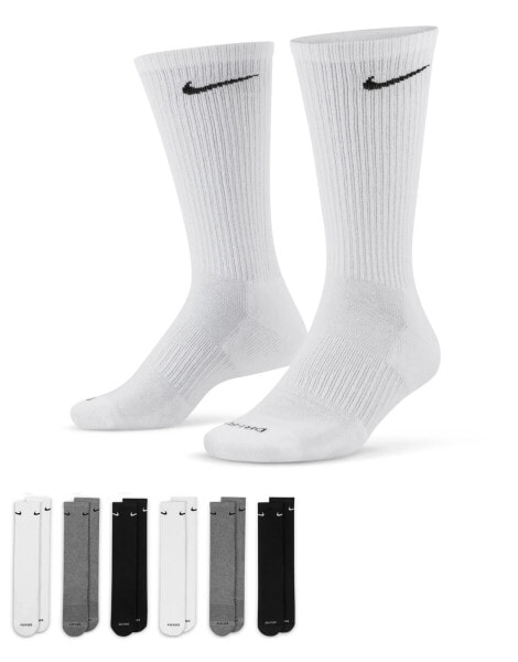 Nike Training Everyday Cushioned Plus 6 pack crew socks in white, grey and black