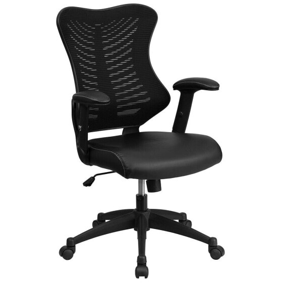 High Back Designer Black Mesh Executive Swivel Chair With Leather Seat And Adjustable Arms