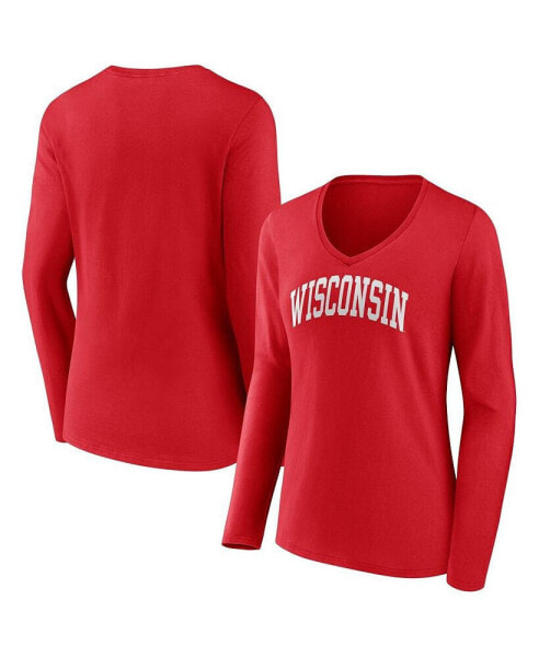 Women's Red Wisconsin Badgers Basic Arch Long Sleeve V-Neck T-shirt