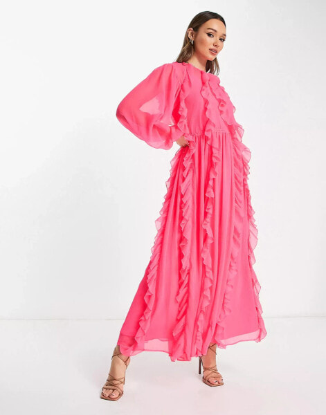 ASOS DESIGN frilly high neck maxi dress in fluro pink