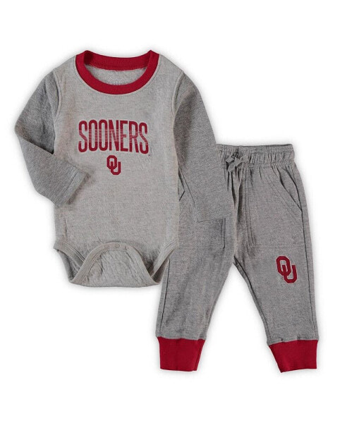 Infant Boys and Girls Heathered Gray, Crimson Oklahoma Sooners Jie Jie Long Sleeve Bodysuit and Pants Set