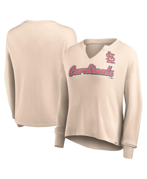 Women's Cream Distressed St. Louis Cardinals Go For It Waffle Knit Long Sleeve Notch Neck T-shirt