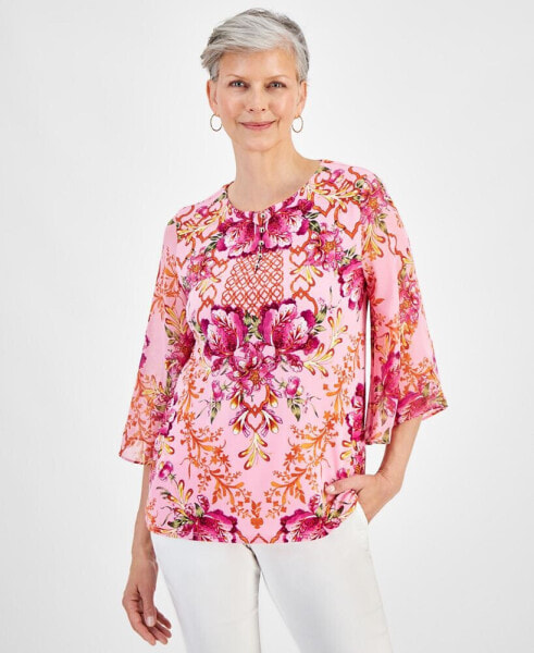 Women's Button-Trim Printed 3/4-Sleeve Top, Created for Macy's