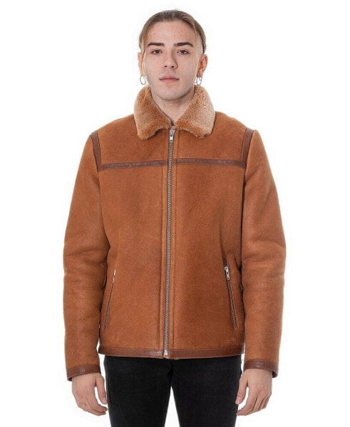 Men's Leather Banded Sheepskin Casual Jacket, Washed Tan with Brissa Wool