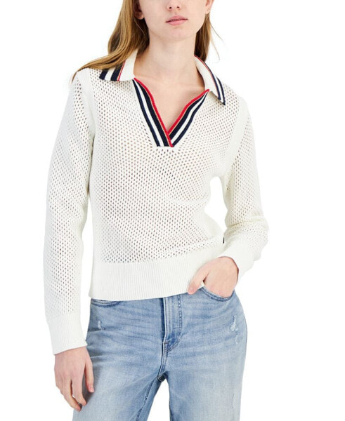 Women's Cotton Collared V-Neck Mesh Sweater